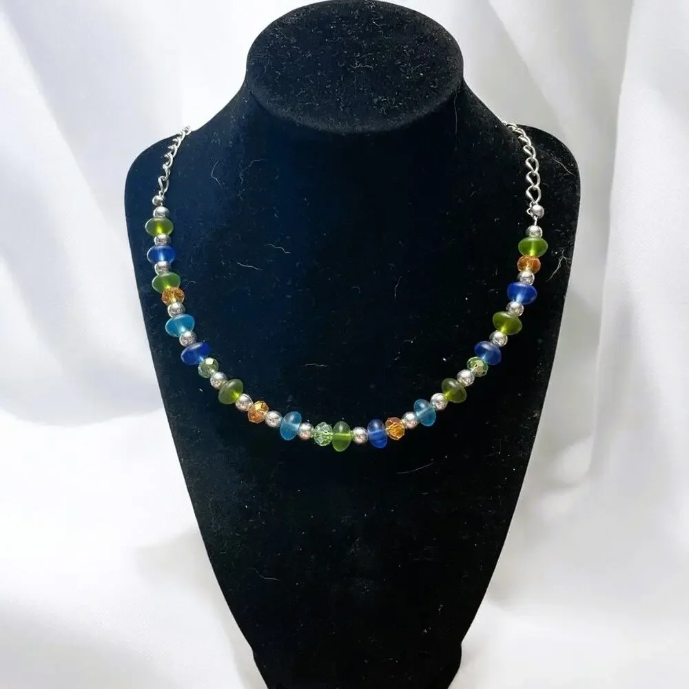Frosted Sea Glass, Iridescent Crystal, Silver Ball Beaded Loop Link Necklace
